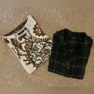 Lot of 2 Susan Graver Weekend Tops Green Plaid Button Up, Cream Brown Paisley, S